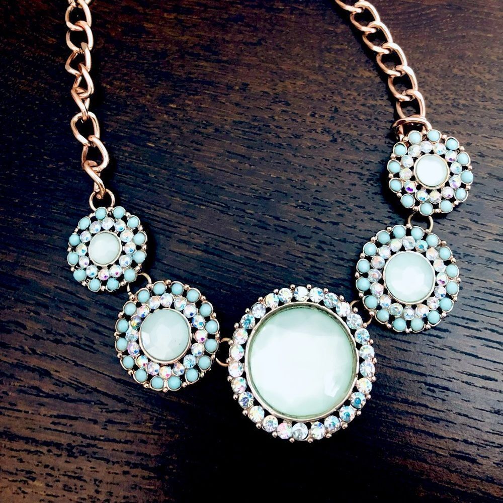 Rose Gold Aqua Crystal Jewel Medallion Statement Necklace